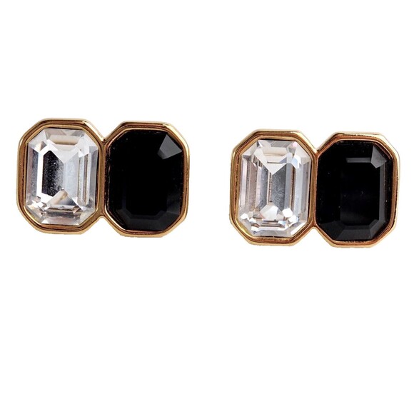 Vintage Monet clip-on Black and Clear Rhinestone Gold-Tone Earrings RARE - Picture 1 of 8